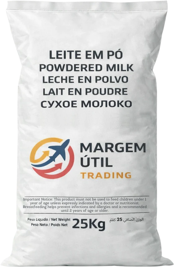 Saco de leite em pó de 25 kg com a marca Margem Útil Trading