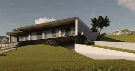 Imagem do projeto de uma moradia térrea num terreno relvado